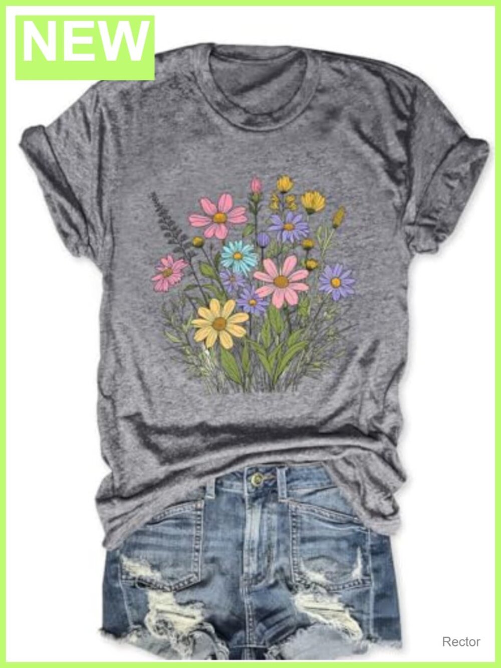 Cotton Blend Wildflower Botanical T-Shirt Short Sleeve Crew Neck Loose Fit